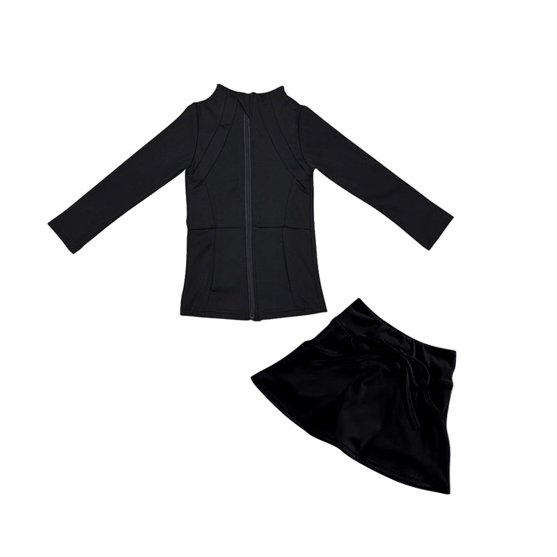 Preorder Baby Girl Long Sleeves Black Yoga Zipper Shirt Skorts Shorts Skirt Active Wear Set