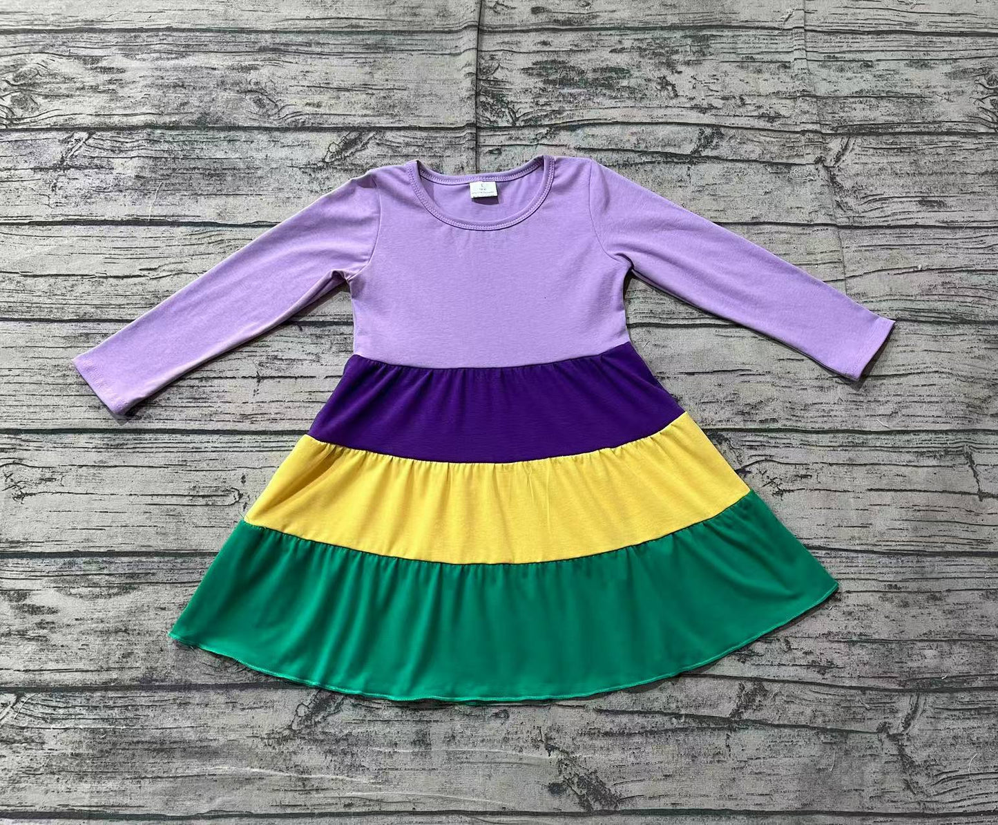 Baby Girl Long Sleeves Mardi Gras Purple Yellow Green Knee Length Dress