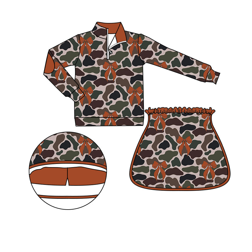 Preorder Baby Girl Long Sleeves Camo Bows Zipper Shirt Brown Shorts Skirt Skorts Clothes Set
