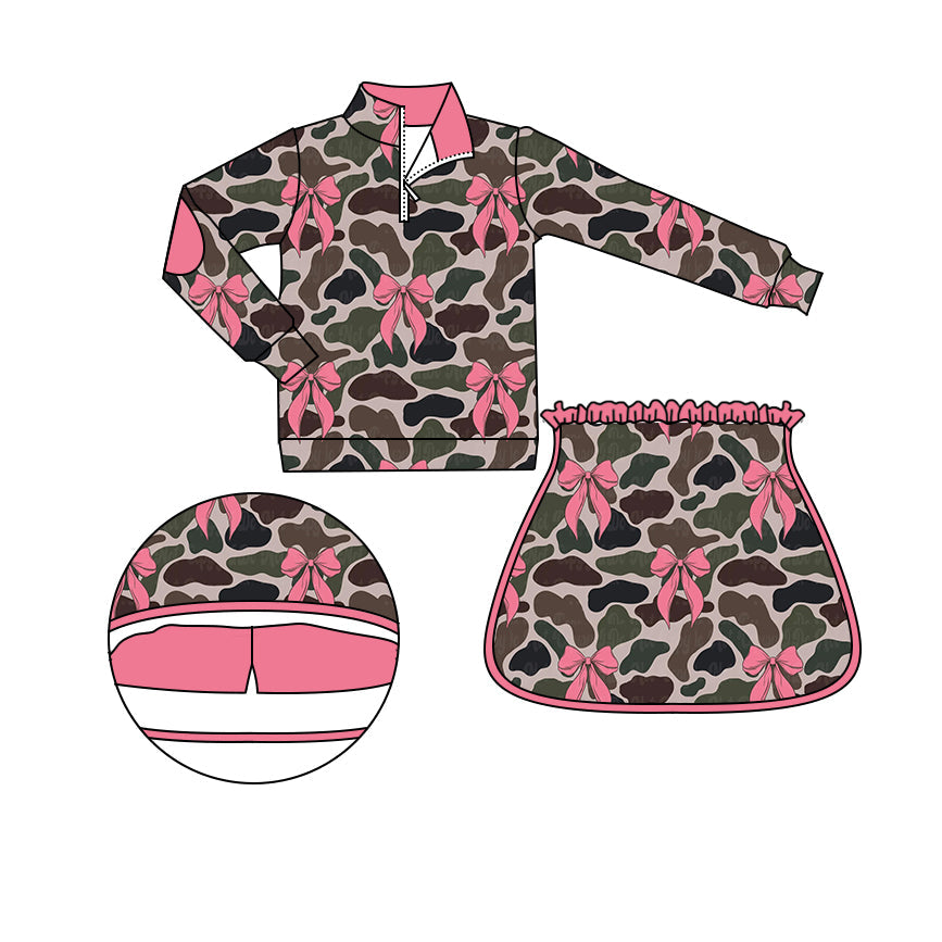Preorder Baby Girl Long Sleeves Camo Bows Zipper Shirt Pink Shorts Skirt Skorts Clothes Set