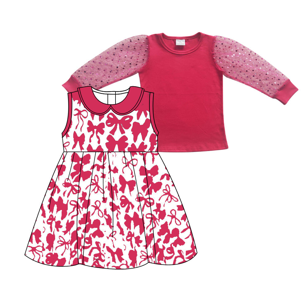 Preorder Baby Girl Kids Long Sleeves Pink Shirt Bows Dress Clothes Set
