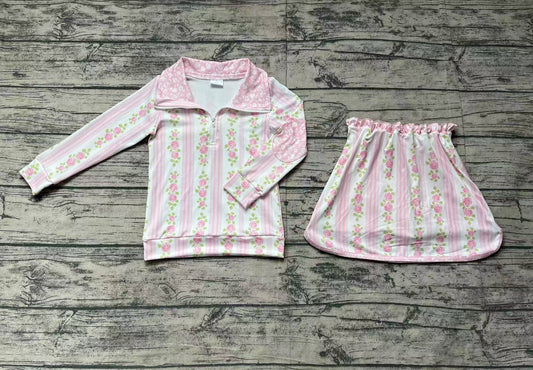 Preorder Baby Girl Long Sleeves Pink Flower Zipper Shirt Skirt Shorts Skort Set ( No moq )