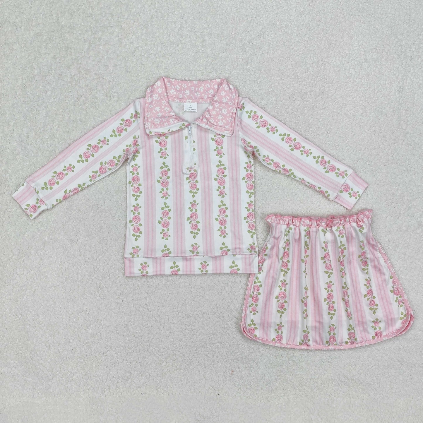 Baby Girl Long Sleeves Flower Bows Zip Shirt Skort Sibling Set RTS