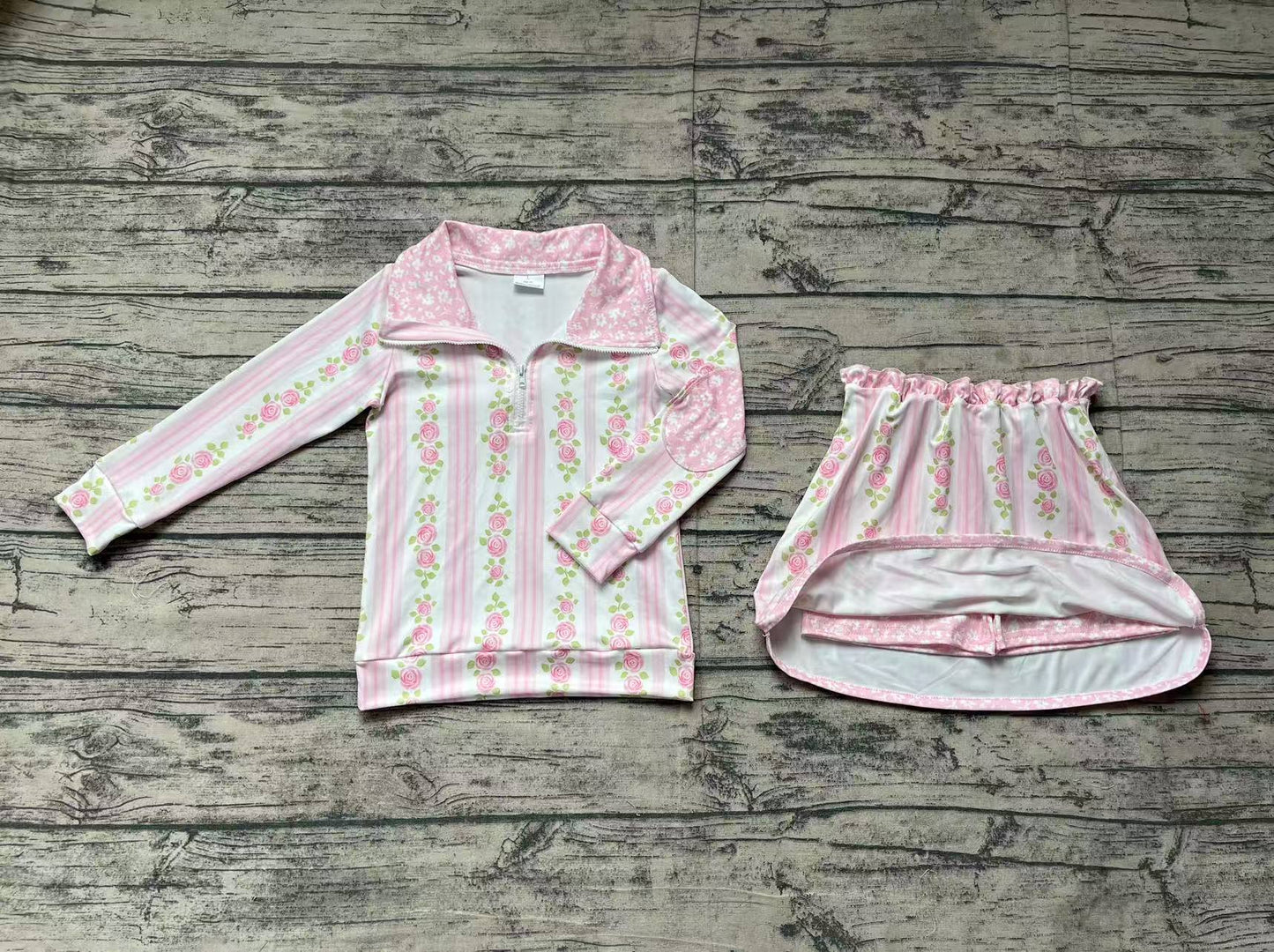 Preorder Baby Girl Long Sleeves Pink Flower Zipper Shirt Skirt Shorts Skort Set ( No moq )