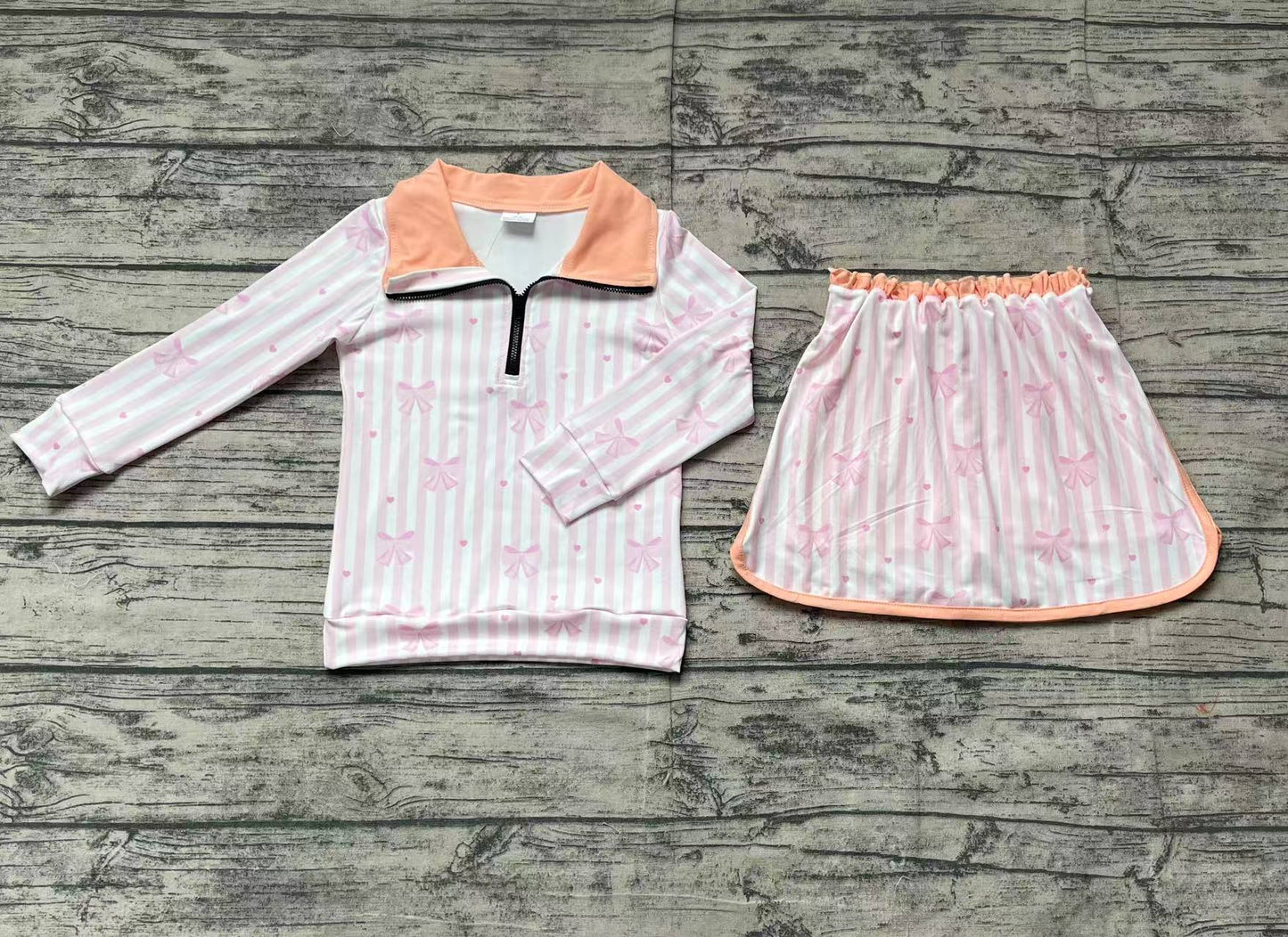 Preorder Baby Girl Long Sleeves Bows Hearts Stripes Zipper Shirt Skirts Clothes Pink Set ( No moq )