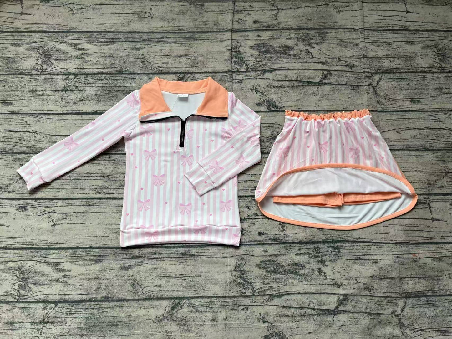 Preorder Baby Girl Long Sleeves Bows Hearts Stripes Zipper Shirt Skirts Clothes Pink Set ( No moq )