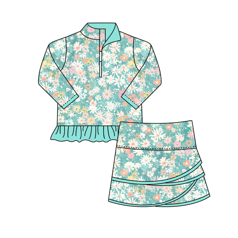 Preorder Baby Girl Long Sleeves Flower Zipper Tops Skirts Green Clothes Set