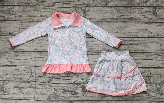 Preorder Baby Girl Long Sleeves Zipper Ruffle Shirt Flower Skirts Clothes Set（ No moq ）