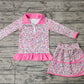 Preorder Baby Girl Long Sleeves Zipper Pink Ruffle Shirt Flower Skirts Clothes Set ( No moq )