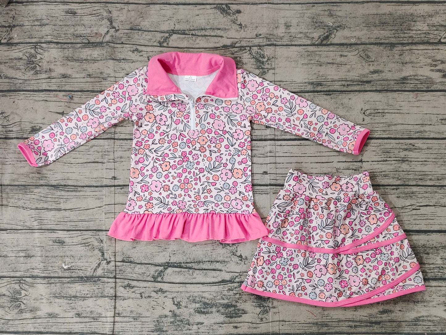 Preorder Baby Girl Long Sleeves Zipper Pink Ruffle Shirt Flower Skirts Clothes Set ( No moq )