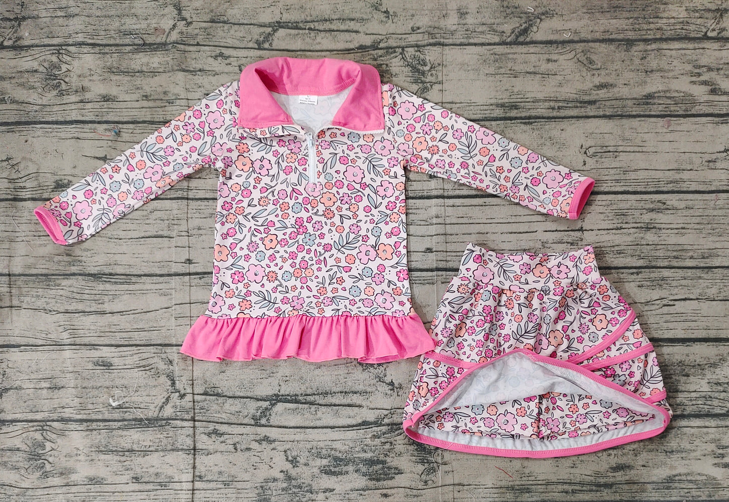 Preorder Baby Girl Long Sleeves Zipper Pink Ruffle Shirt Flower Skirts Clothes Set ( No moq )