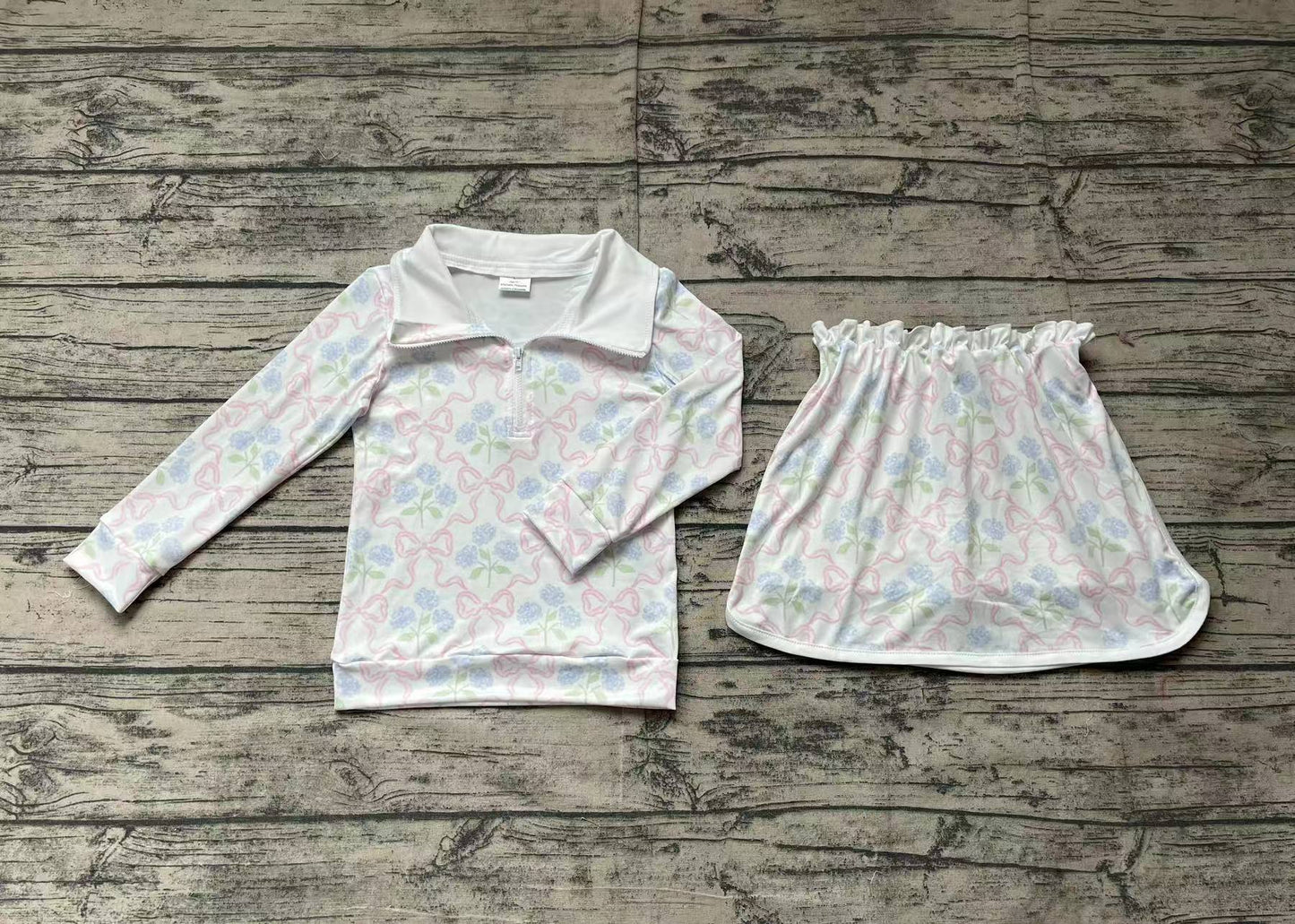 Preorder Baby Girl Long Sleeves Bows Flower Zipper Tops Skort Shorts Skirt Clothes Set ( No moq )