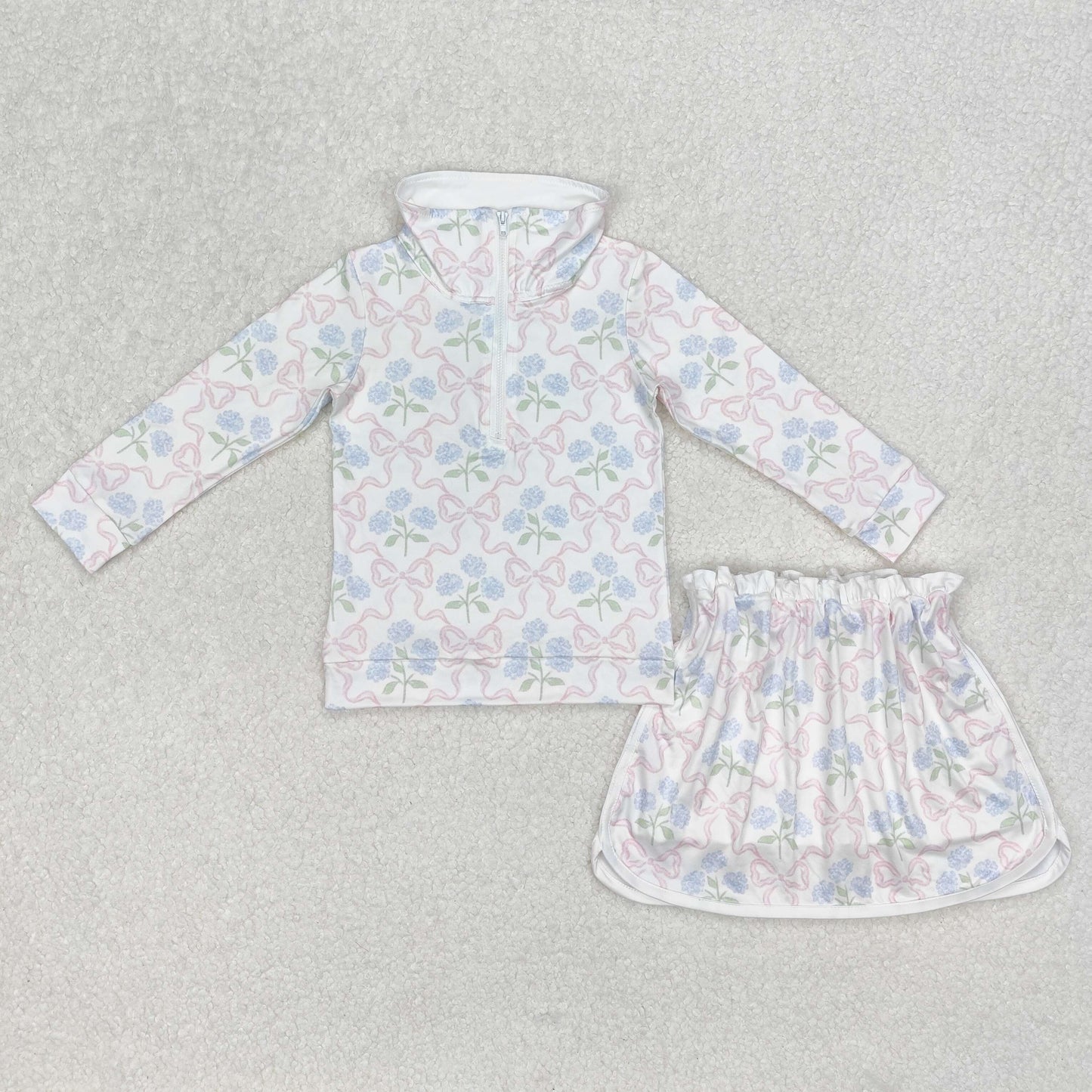 Baby Girl Long Sleeves Flower Bows Zip Shirt Skort Sibling Set RTS