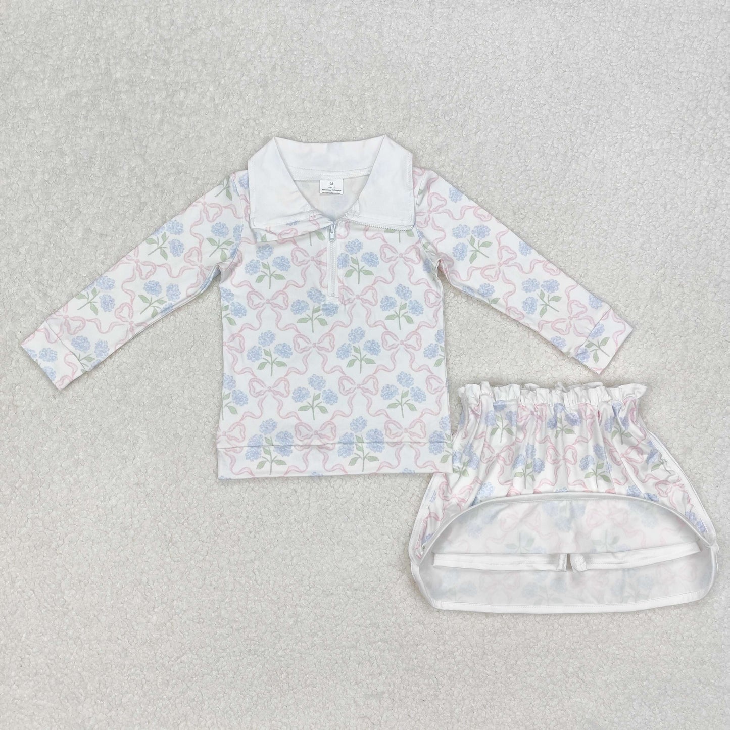 Baby Girl Long Sleeves Flower Bows Zip Shirt Skort Sibling Set RTS