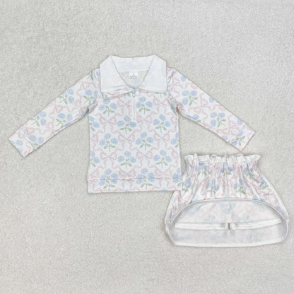 Baby Girl Long Sleeves Flower Bows Zip Shirt Skort Sibling Set RTS