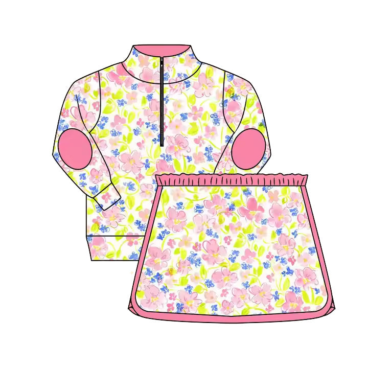 Preorder Baby Girl Long Sleeves Flower Zipper Pullover Shirt Skirt Skort Set ( Moq 5 )