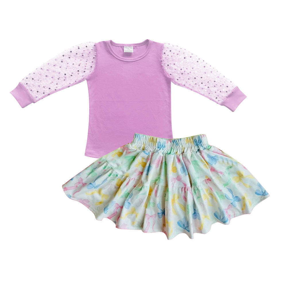 Preorder Baby Girl Toddler Tulle Long Sleeves Purple Shirt Colorful Bows Ruffle Skirts Set ( Moq 5 )
