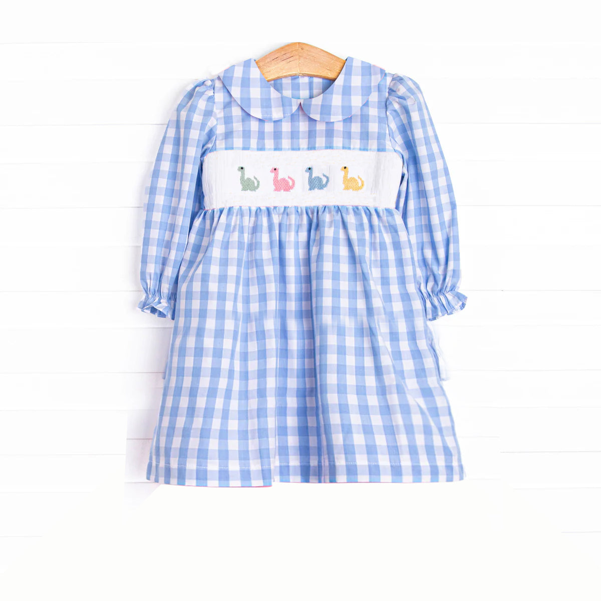 Preorder Baby Girl Long Sleeves Dinosaurs Blue Plaid Knee Length Dress ( Moq 5 )