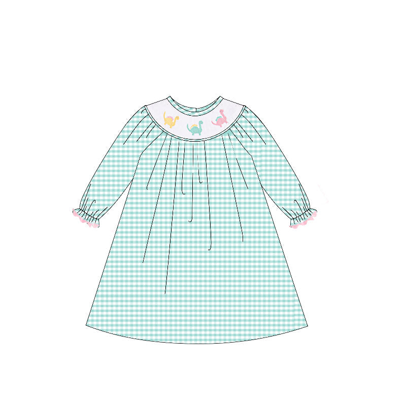Preorder Baby Girl Long Sleeves Dinosaurs Green Plaid Knee Length Dress ( Moq 5 )