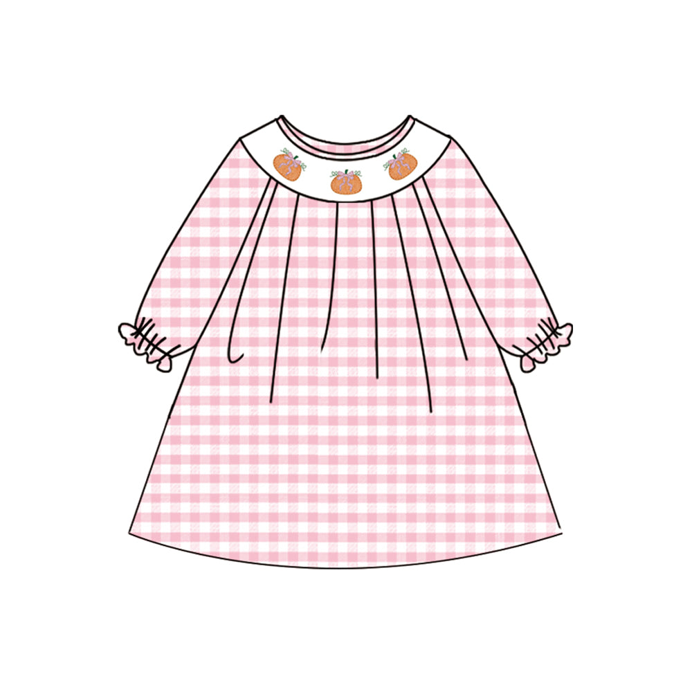 Preorder Baby Girl Long Sleeves Pumpkin Bows Pink Checked Dress (  Moq 5 )