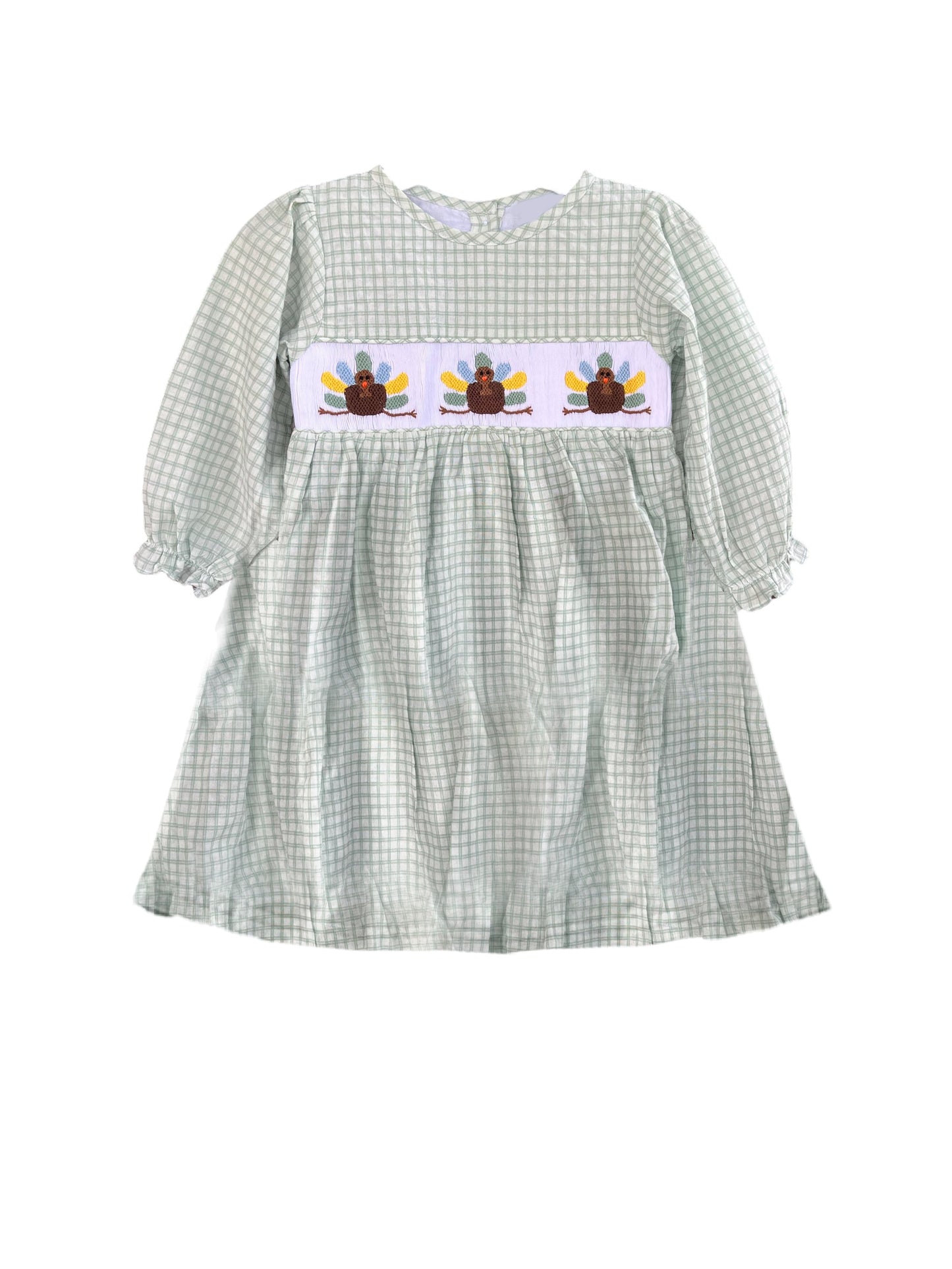 Preorder Baby Girl Long Sleeves Thanksgiving turkey Green Plaid Dress (  Moq 5 )