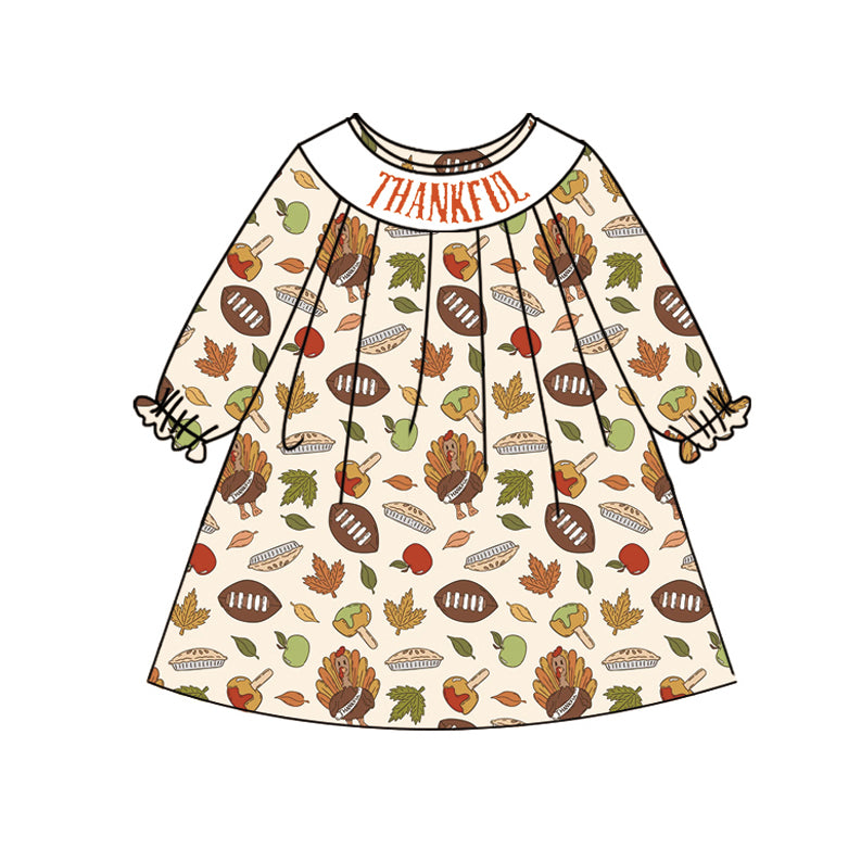 Preorder Baby Girl Long Sleeves Thankful turkey Football Dress (  Moq 5 )