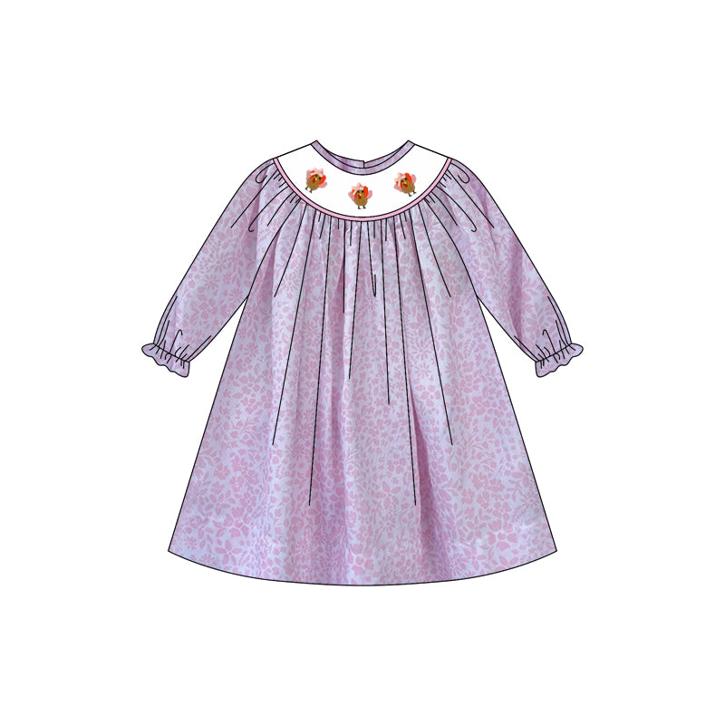 Preorder Baby Girl Long Sleeves Thanksgiving turkey Floral Dress (  Moq 5 )
