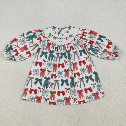 Girls Kids Green Red Bows Christmas Smocked Embroidery Sibling Dress Romper Clothes RTS