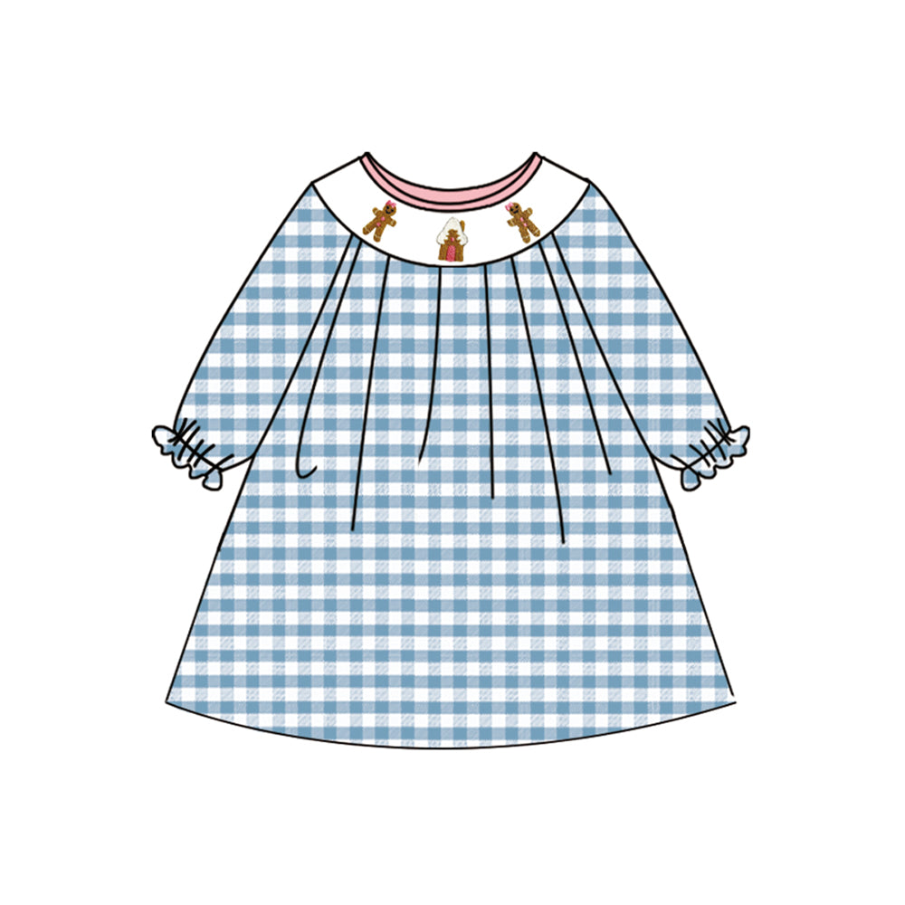 Preorder Baby Girl Blue Plaid Long Sleeves Gingerbread Knee Length Dress (  Moq 5 )