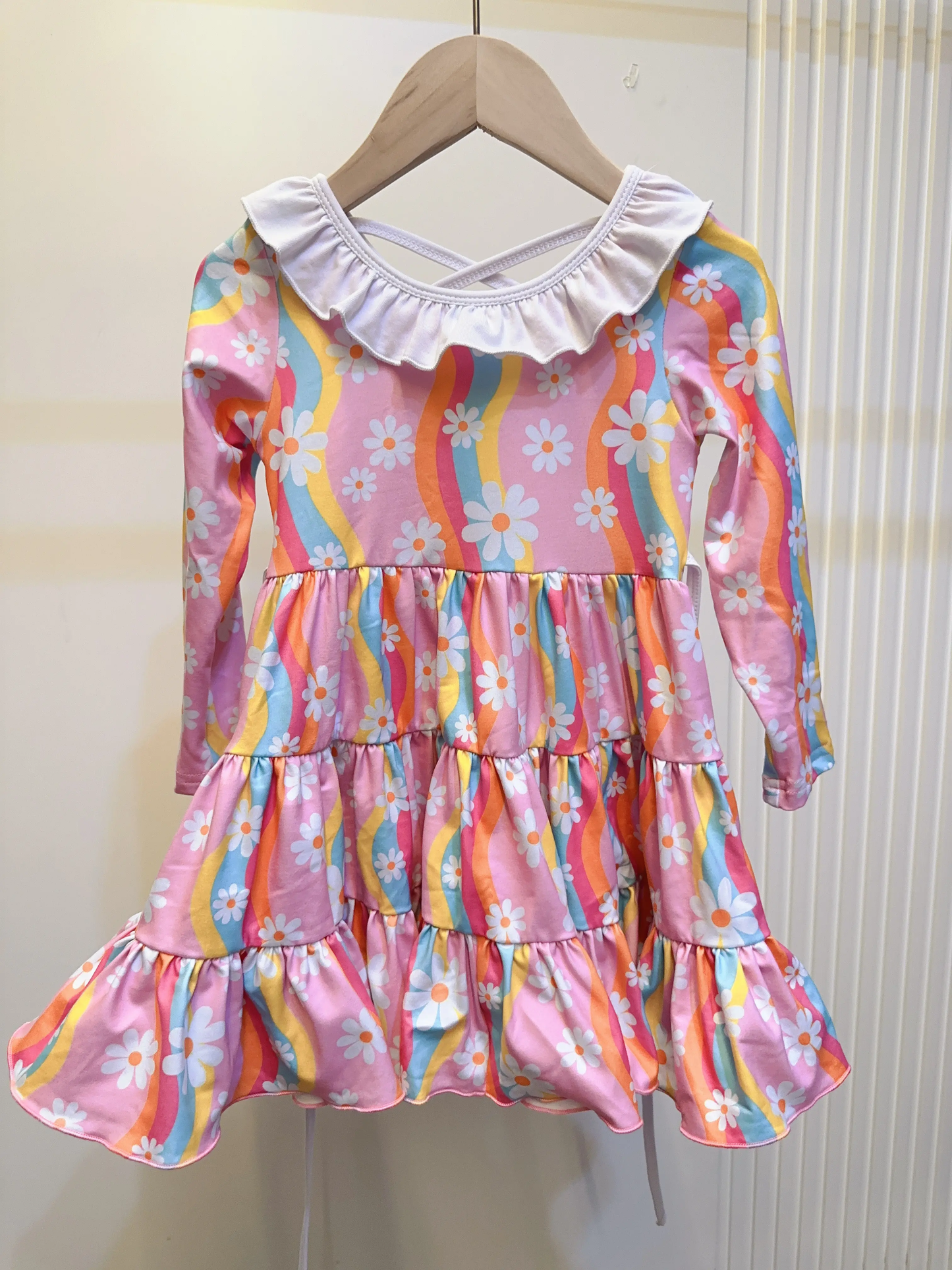 Preorder Baby Girl Long Sleeves Flower Rainbows Knee Length Dress ( Moq 5 )