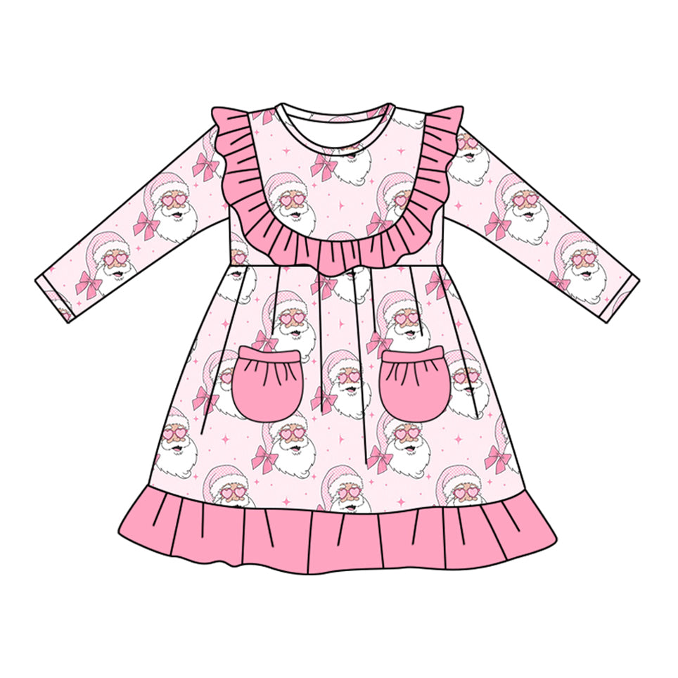 ( Moq 5 ) Preorder Baby Girl Long Sleeves Santa Bows  Pockets Christmas Pink Ruffle Dress