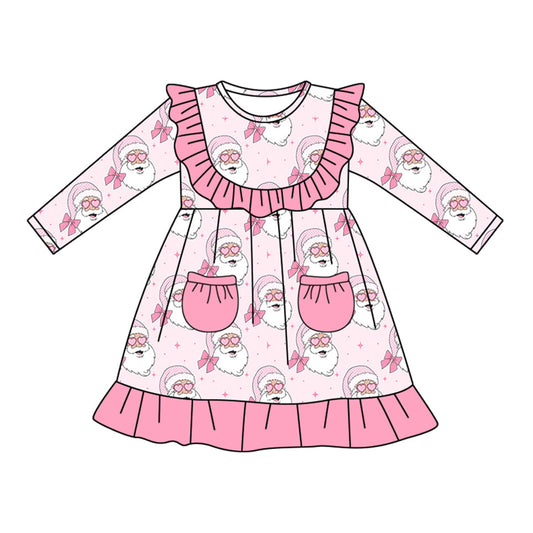 ( Moq 5 ) Preorder Baby Girl Long Sleeves Santa Bows  Pockets Christmas Pink Ruffle Dress
