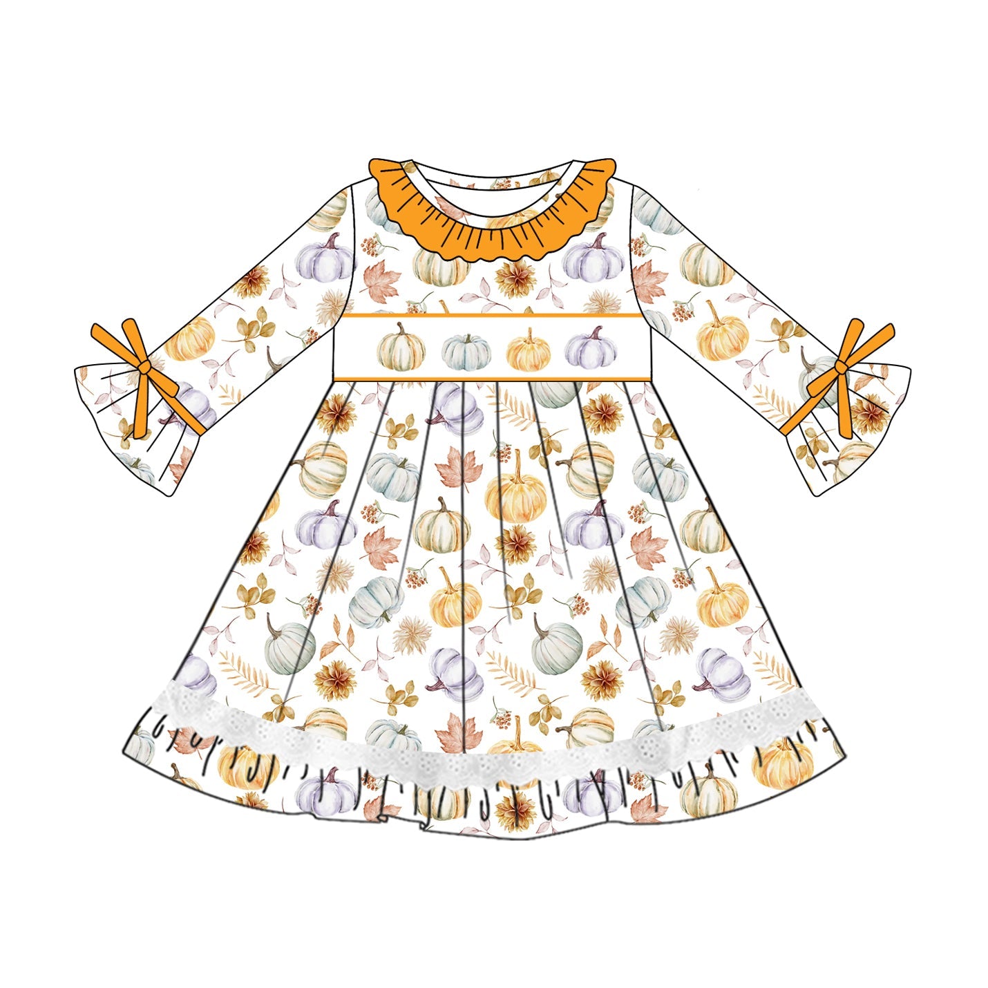 ( Moq 5 ) Preorder Baby Girl Long Sleeves Pumpkin Flower Knee Length Dress