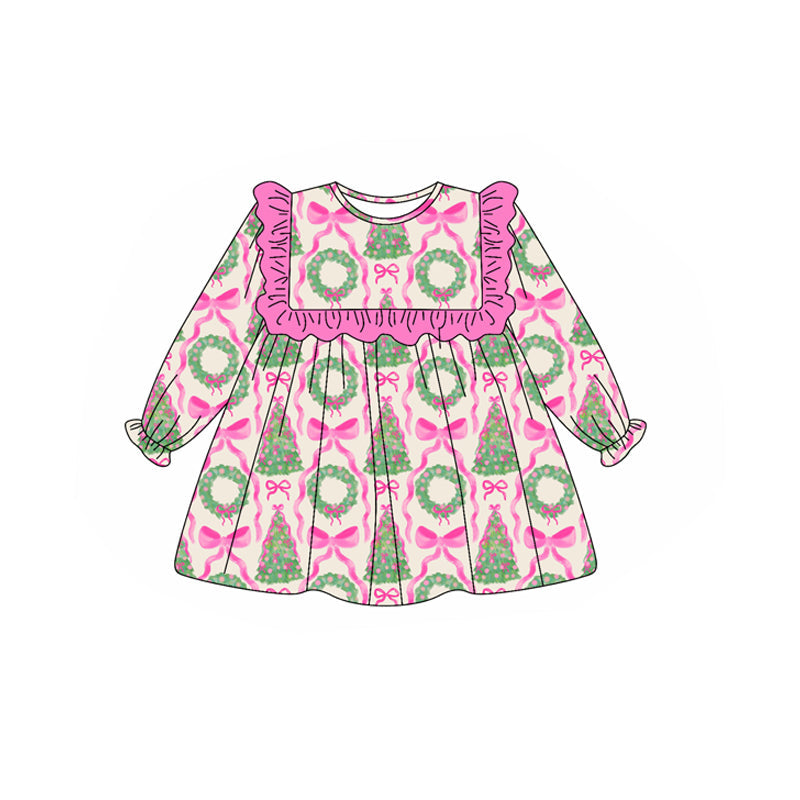 ( Moq 5 ) Preorder Baby Girl Long Ruffle Sleeves Bows Trees Plaid Knee Length Dress