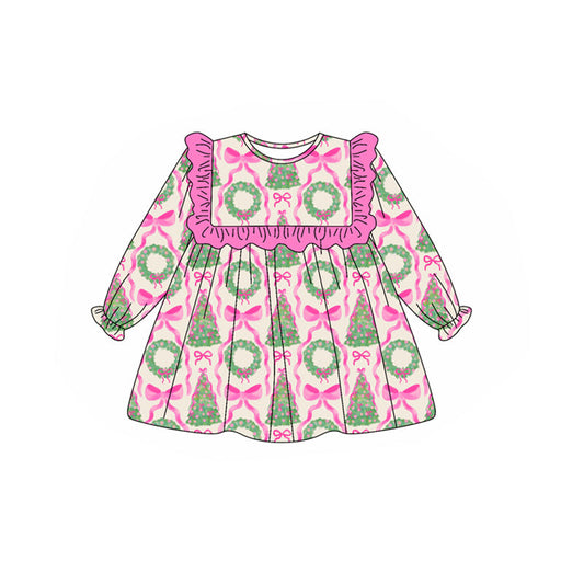 ( Moq 5 ) Preorder Baby Girl Long Ruffle Sleeves Bows Trees Plaid Knee Length Dress
