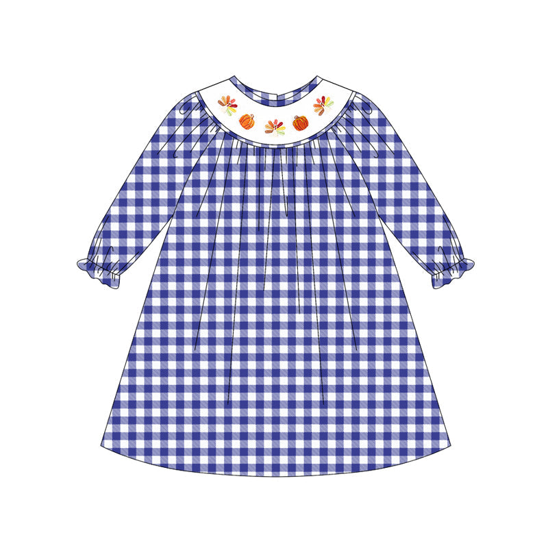 ( Moq 5 ) Preorder Baby Girl Long Ruffle Sleeves Blue Plaid Smocked turkey Pumpkins Thanksgiving Dress
