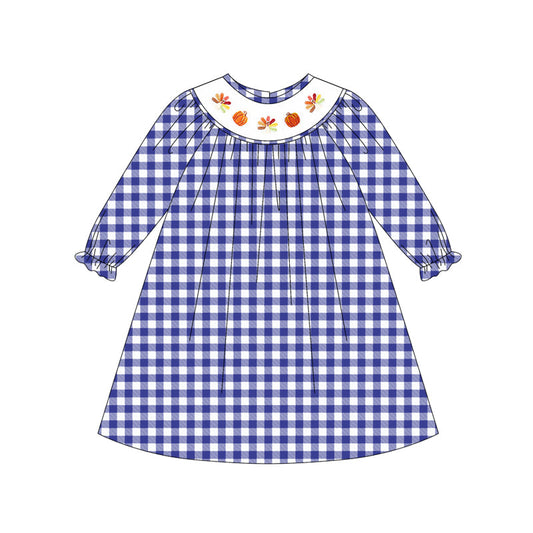 ( Moq 5 ) Preorder Baby Girl Long Ruffle Sleeves Blue Plaid Smocked turkey Pumpkins Thanksgiving Dress