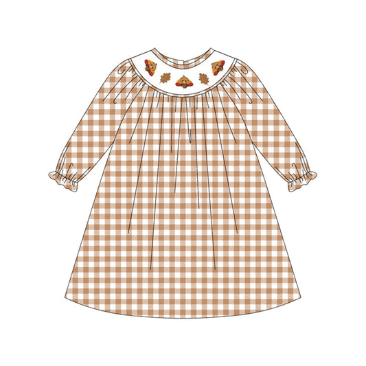 ( Moq 5 ) Preorder Baby Girl Long Sleeves Khaki Plaid Smocked turkey Leaves Thanksgiving Dress