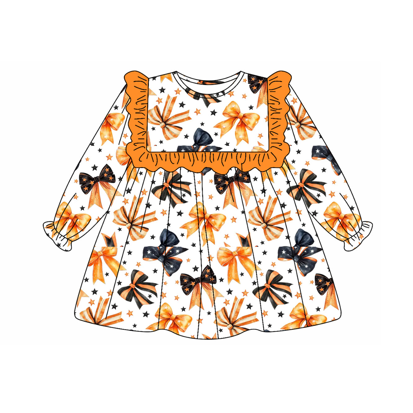 ( Moq 5 ) Preorder Baby Girl Long Sleeves Colorful Bows Stars Knee Length Halloween Dress