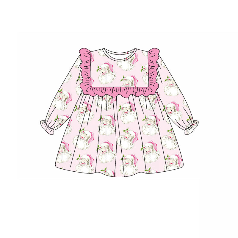 ( Moq 5 ) Preorder Baby Girl Long Ruffle Sleeves Pink Santa Knee Length Christmas Dress