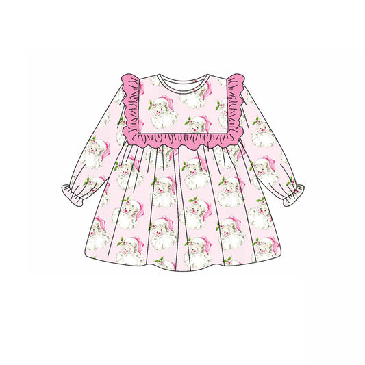 ( Moq 5 ) Preorder Baby Girl Long Ruffle Sleeves Pink Santa Knee Length Christmas Dress