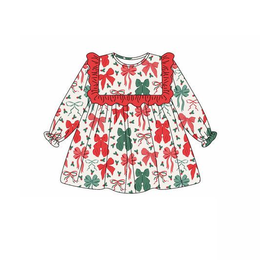 ( Moq 5 ) Preorder Baby Girl Long Sleeves Red Green Bows Knee Length Christmas Dress