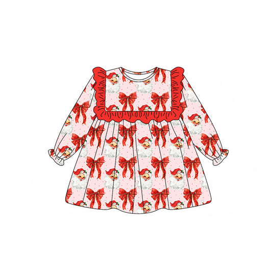 ( Moq 5 ) Preorder Baby Girl Long Sleeves Red Santa Bows Knee Length Christmas Dress