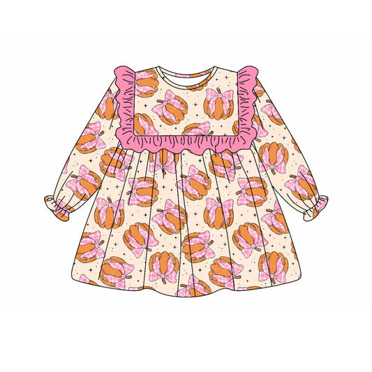( Moq 5 ) Preorder Baby Girl Long Sleeves  Bows Pumpkins Ruffle Dress