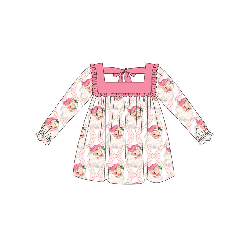 ( Moq 5 ) Preorder Baby Girl Long Sleeves Santa Christmas Pink Ruffle Dress