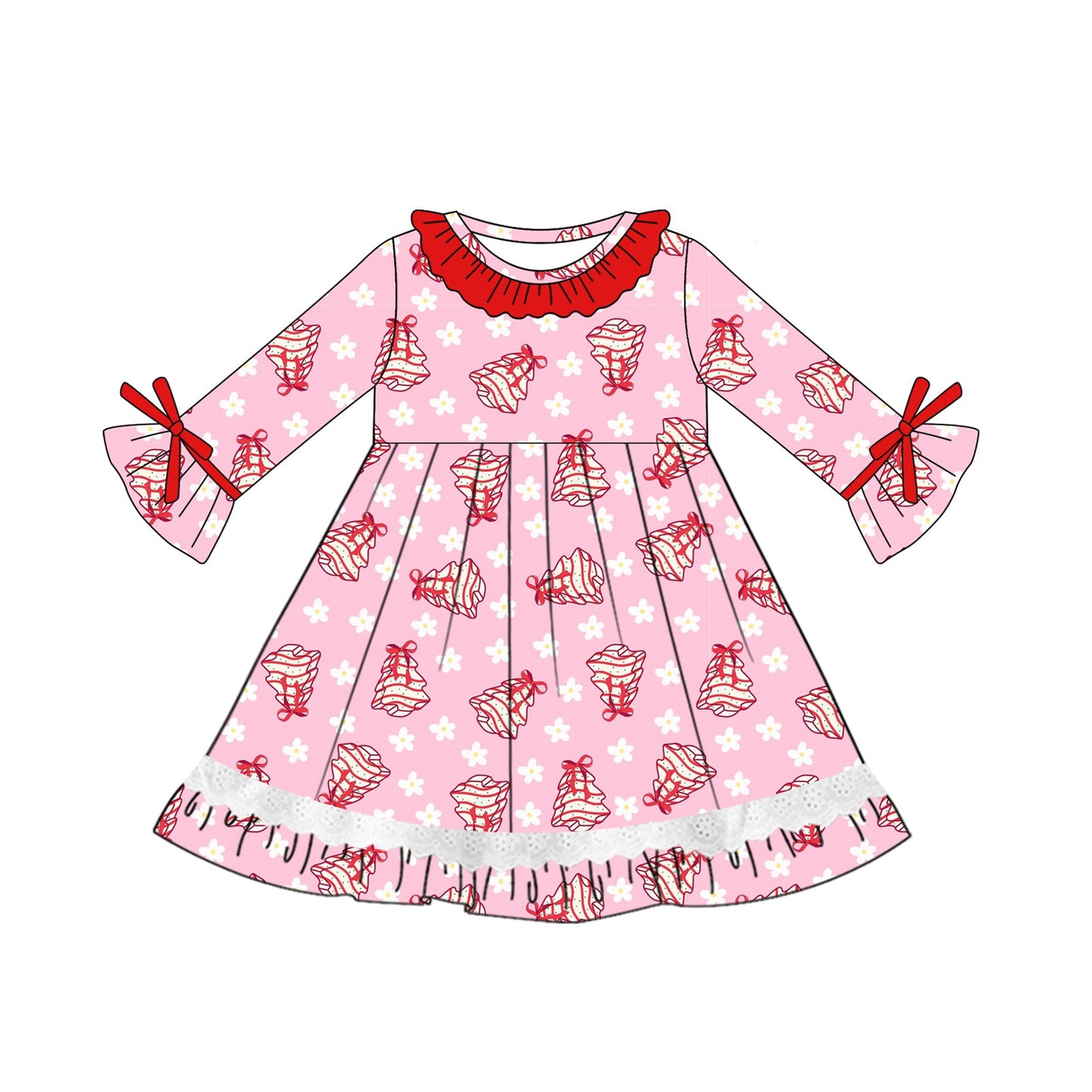 ( Moq 5 ) Preorder Baby Girl Long Sleeves Pink Flower Trees Christmas  Dress