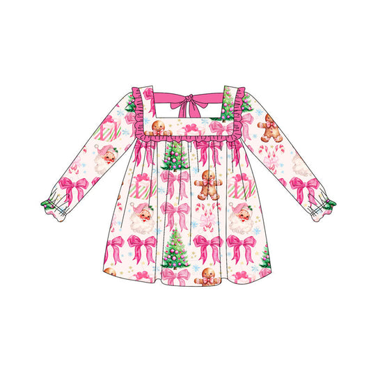 ( Moq 5 ) Preorder Baby Girl Long Sleeves Santa Gingerbread Christmas Ruffle Dress