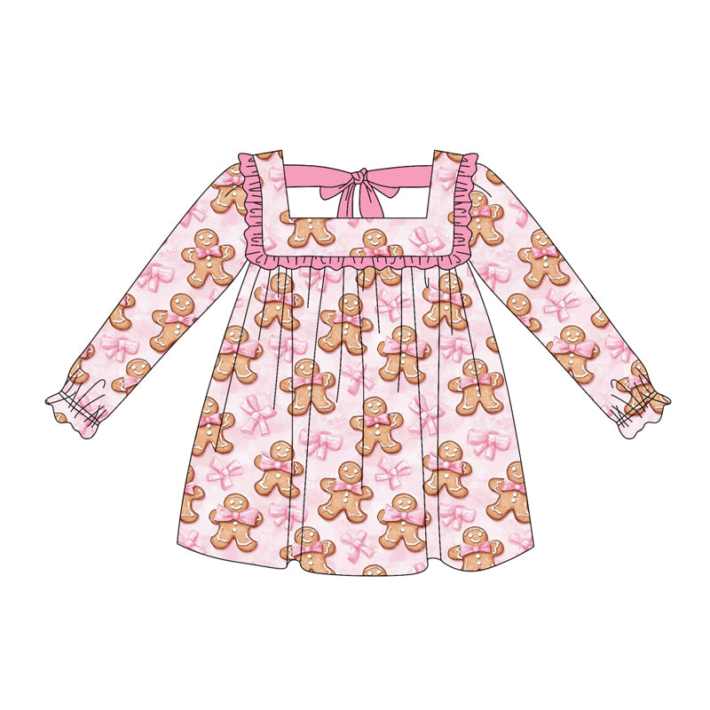 ( Moq 5 ) Preorder Baby Girl Long Sleeves Christmas Bows Gingerbread Ruffle Dress