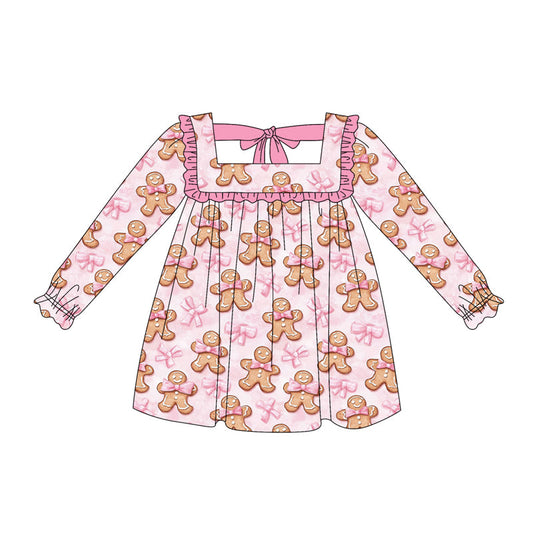 ( Moq 5 ) Preorder Baby Girl Long Sleeves Christmas Bows Gingerbread Ruffle Dress