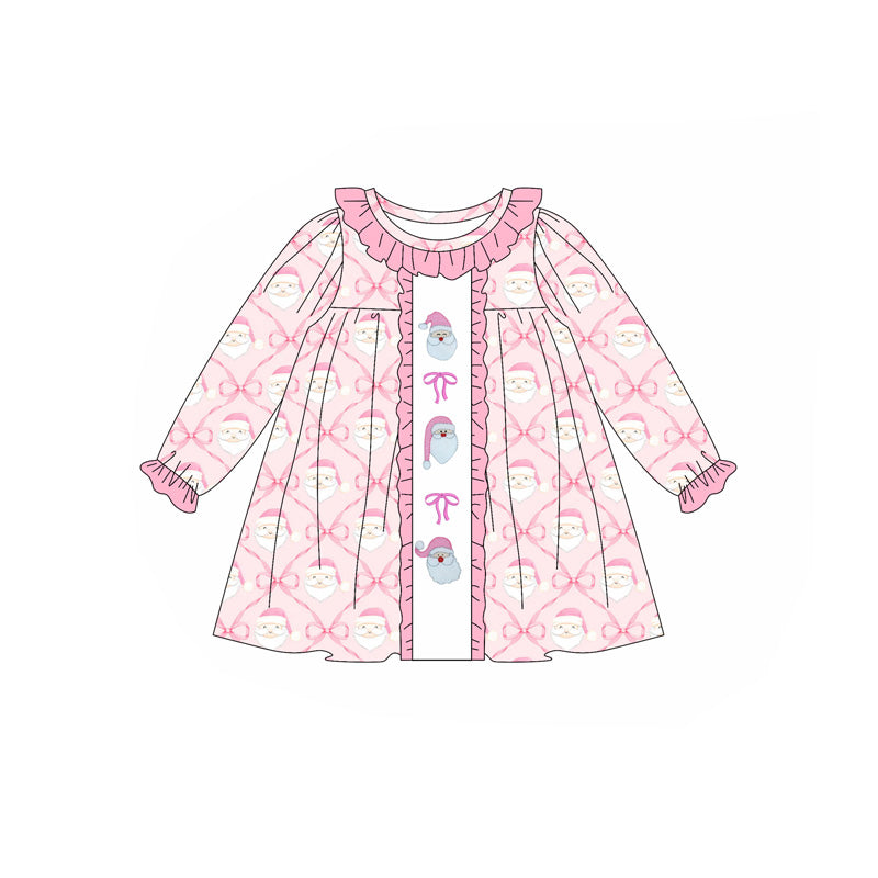 ( Moq 5 ) Preorder Baby Girl Long Sleeves Pink Bows Santa Christmas Knee Length Dress